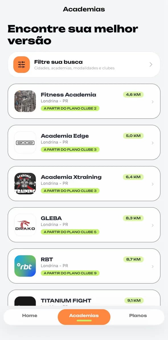 App do aluno: lista de academias com distância e plano mínimo