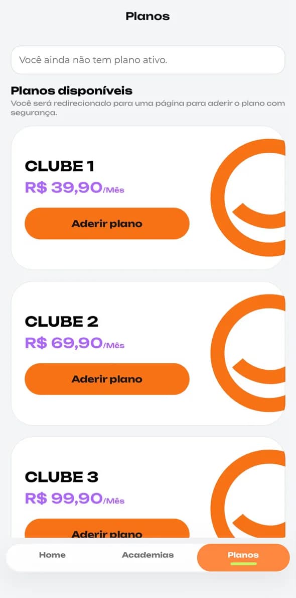 App GymClub: planos