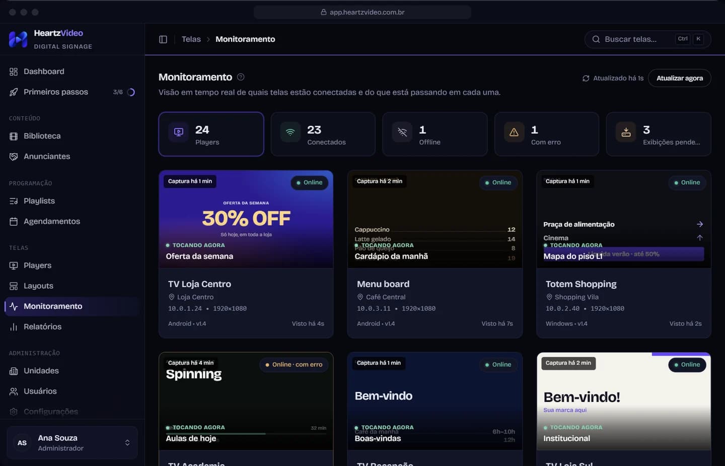Painel do HeartzVideo: monitoramento com a captura do que cada tela está mostrando